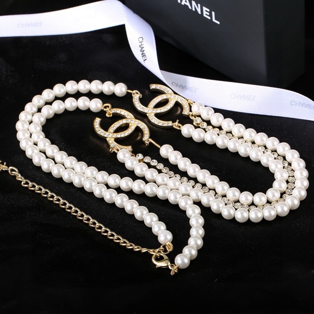 CHANEL Double Strand Pearl CC Logo Necklace
